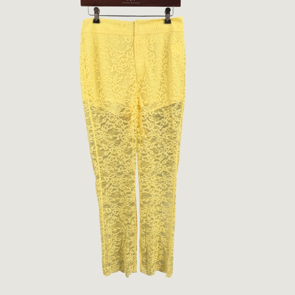CALVIN LUO Lace Pants Size Medium Yellow Sheer Floral Straight Leg New